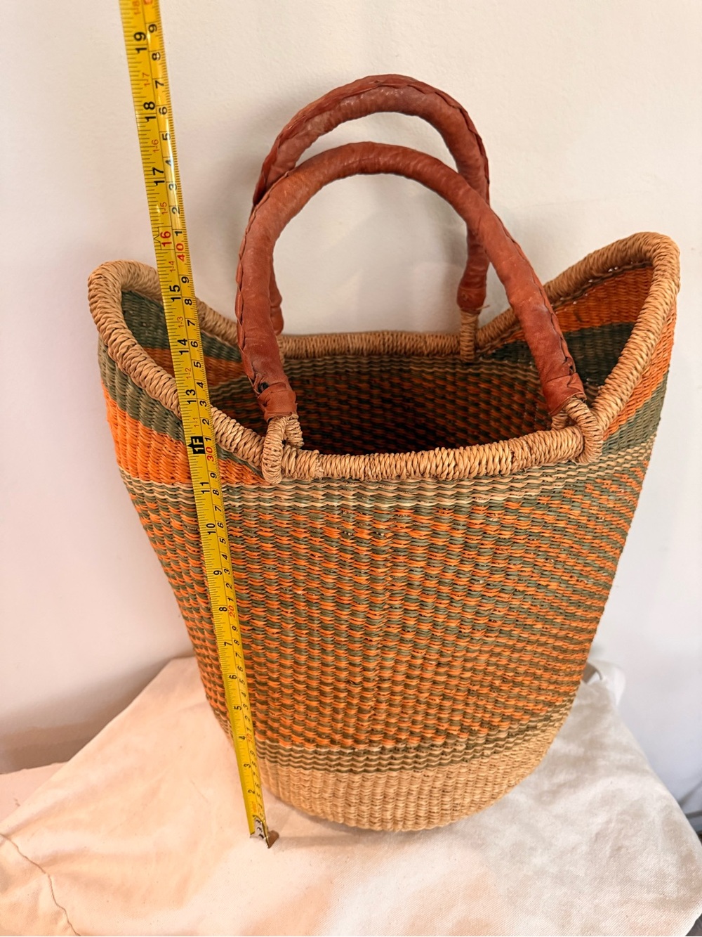 Handwoven African Straw Tote in Orange, Green and Natural with Leather Handles - Picture 10 of 11